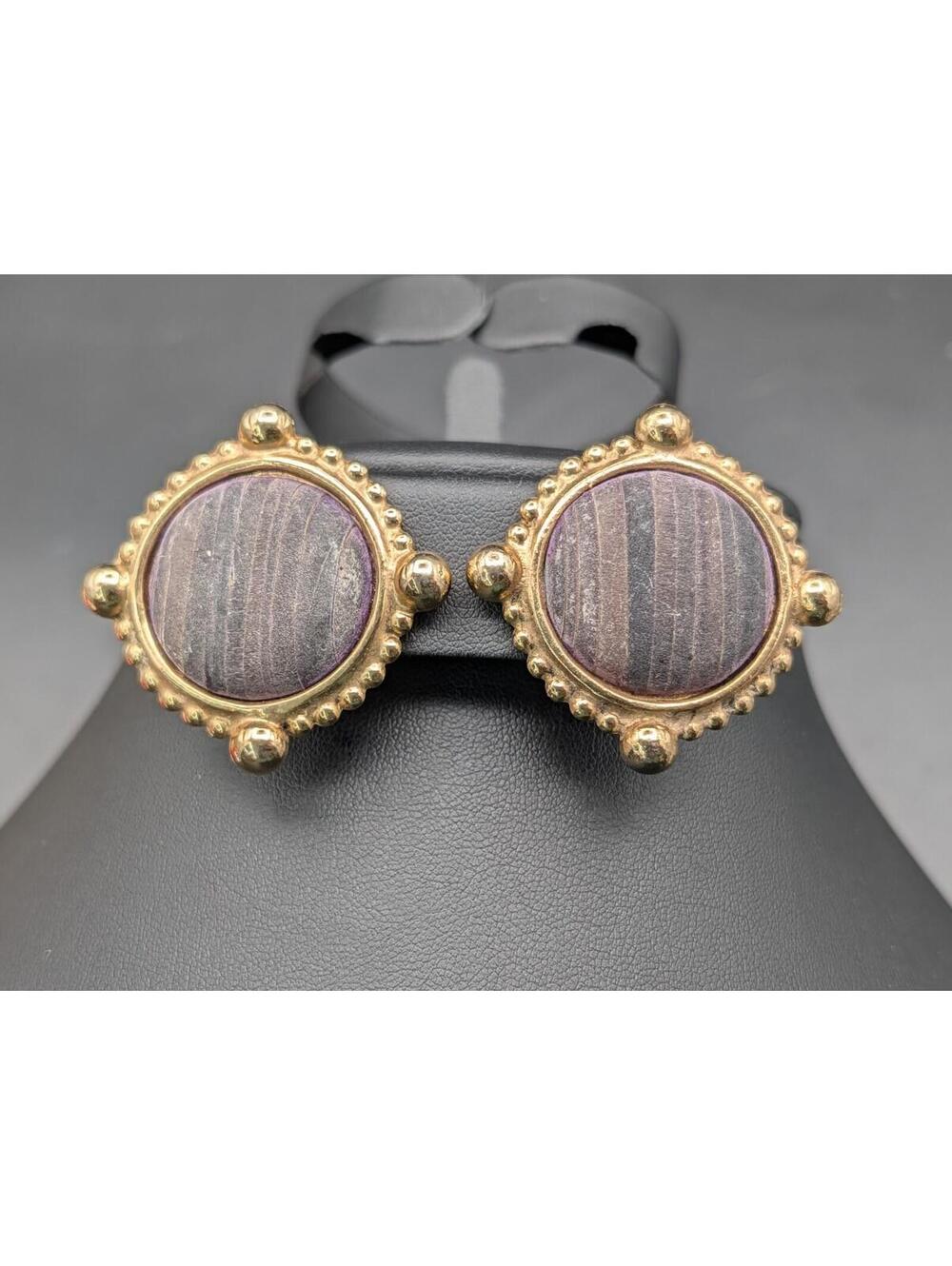 Carol Dauplaise Gold Tone Banded Stone Cabochon Statement Clip On Earrings